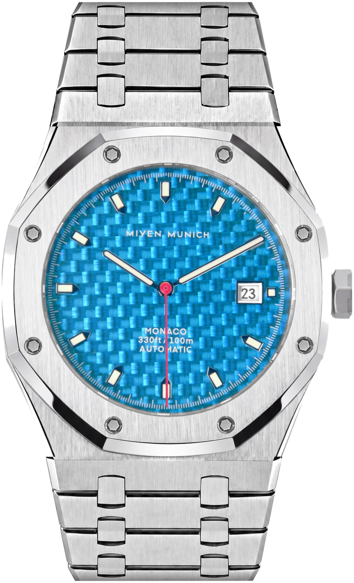 MONACO Automatik mit blauem Karbon-Ziffernblatt und Edelstahlarmband
